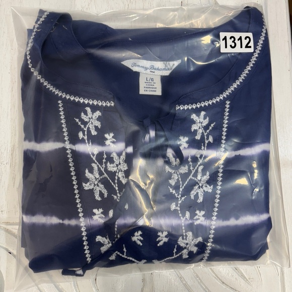 Tommy Bahama, navy blue cotton tunic blouse L striped floral embroidered - Picture 6 of 6